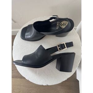 Vince Camuto BRENDIZA Black Leather Slingback Block Heels Open Toe Size 10M New